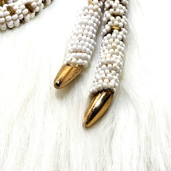 Vintage White and Gold Tone Beaded Braided Necklace Extra Long 21" L - Picture 2 of 5